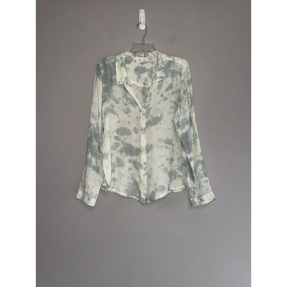 Bella Dahl 100% Linen Top Tie Dye Button Down Shirt Raw Fringe Hem Watercolor L - Picture 6 of 16